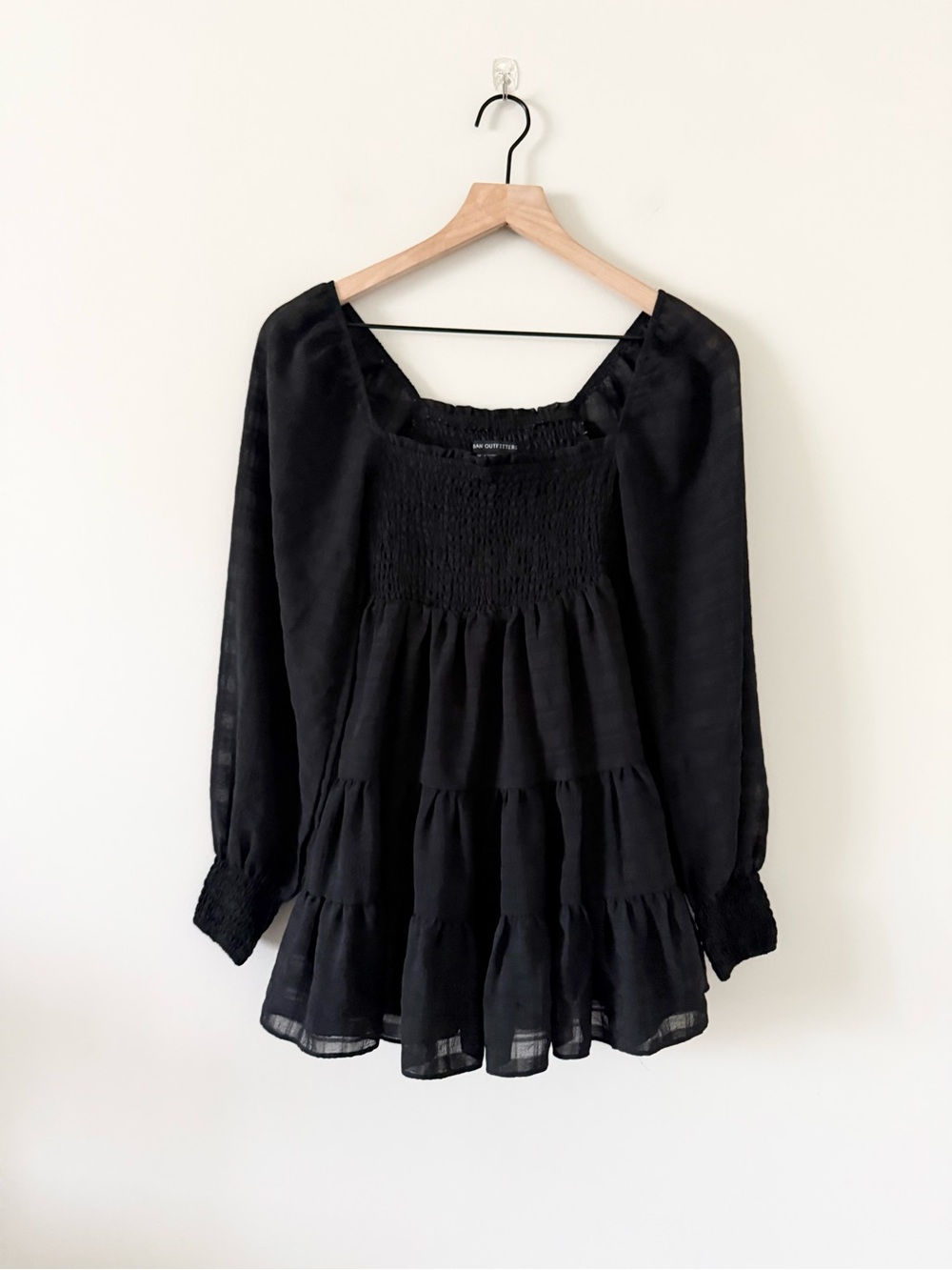 Urban Outfitters Black Smocked Long-Sleeve Tiered Mini Dress Size XS